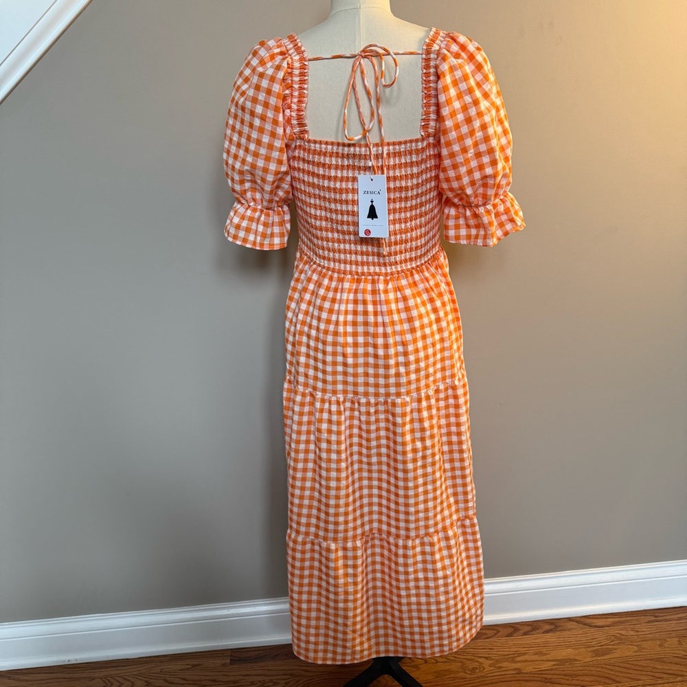Zesica Orange Checkered Midi Dress with Puff Sleeves - Picture 11 of 15